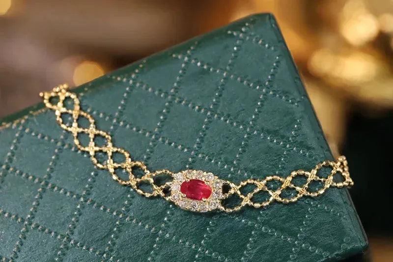 18K Yellow Gold Vintage Weave Bracelet with Natural Ruby & Diamond - Elegant Women's Jewelry for Birthday, Anniversary & Special Occasions