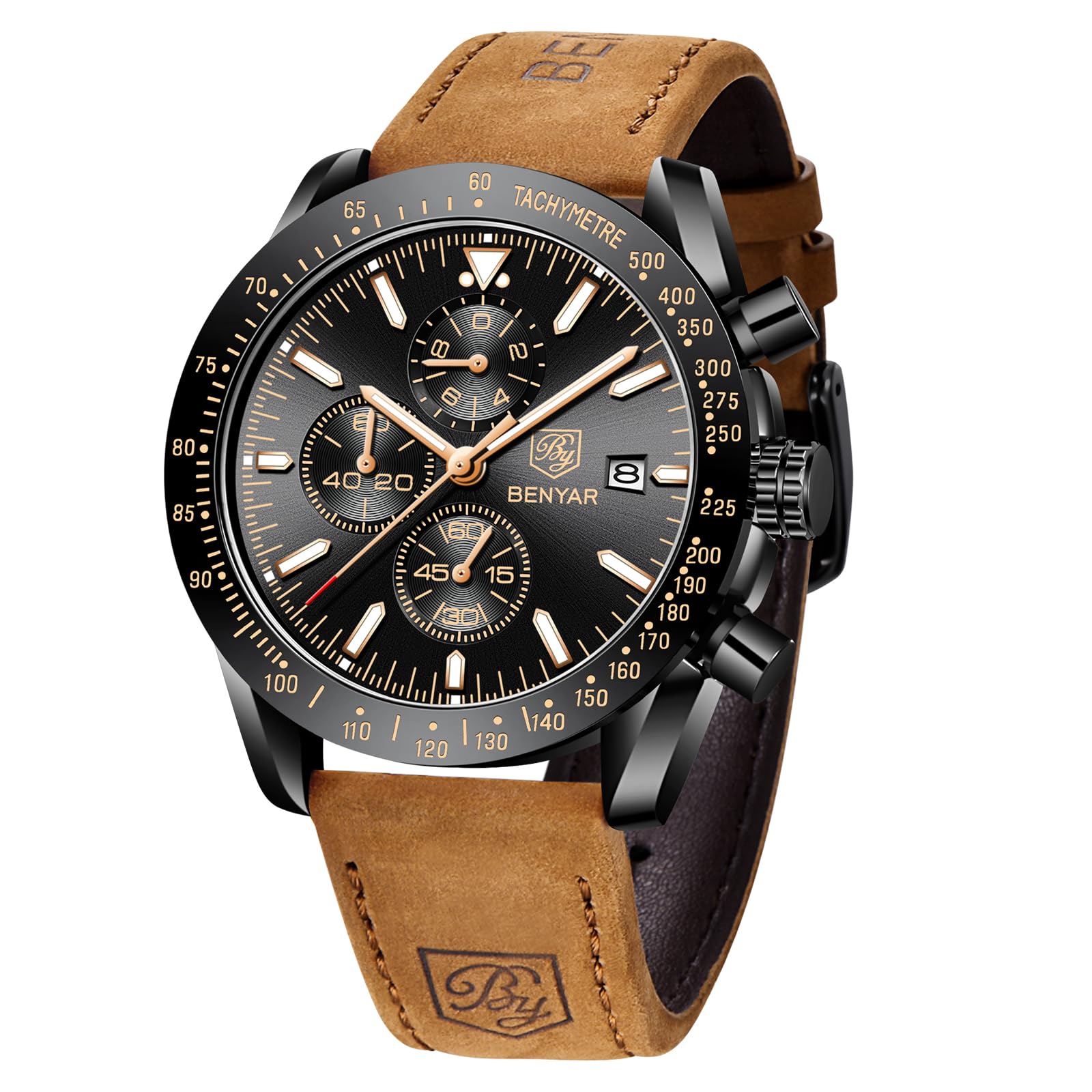 BENYAR AKNIGHT Men's Watch 45mm Big Face Waterproof Analog Quartz Chronograph - Business, Work, Sport & Casual Dress Watch with Calendar & Luminous Hands - Perfect for Office, Outdoor Activities & Daily Wear