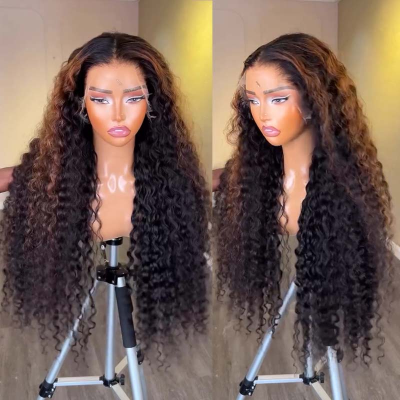 Eullair Honey Blonde Highlights Deep Curly Human Hair Lace Front Wig - Pre Plucked Glueless HD Lace Wigs for Black Women | Natural Look for Daily Wear, Parties & Special Occasions