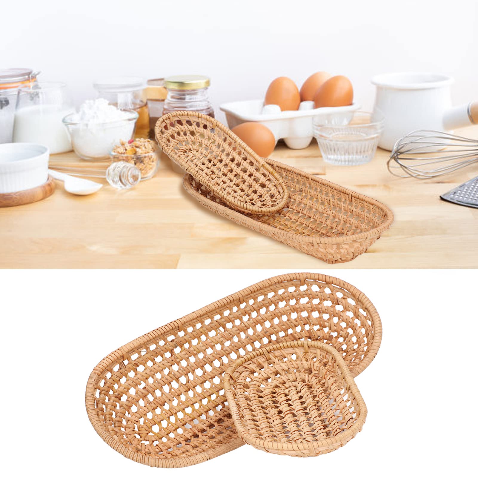 2-Piece Handmade Rattan Bread Baskets - Natural Woven Storage Baskets for Bread, Candy, Biscuits, Finger Food & Fruit - Perfect for Kitchen, Dining Table, Picnics & Party Serving