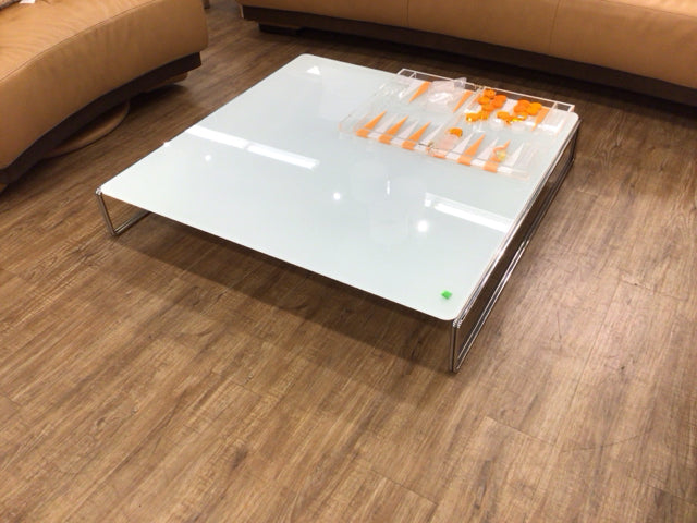 Modern Low-Profile White Glass Top Coffee Table with Chrome Base - Perfect for Living Room, Office, or Small Space Decor