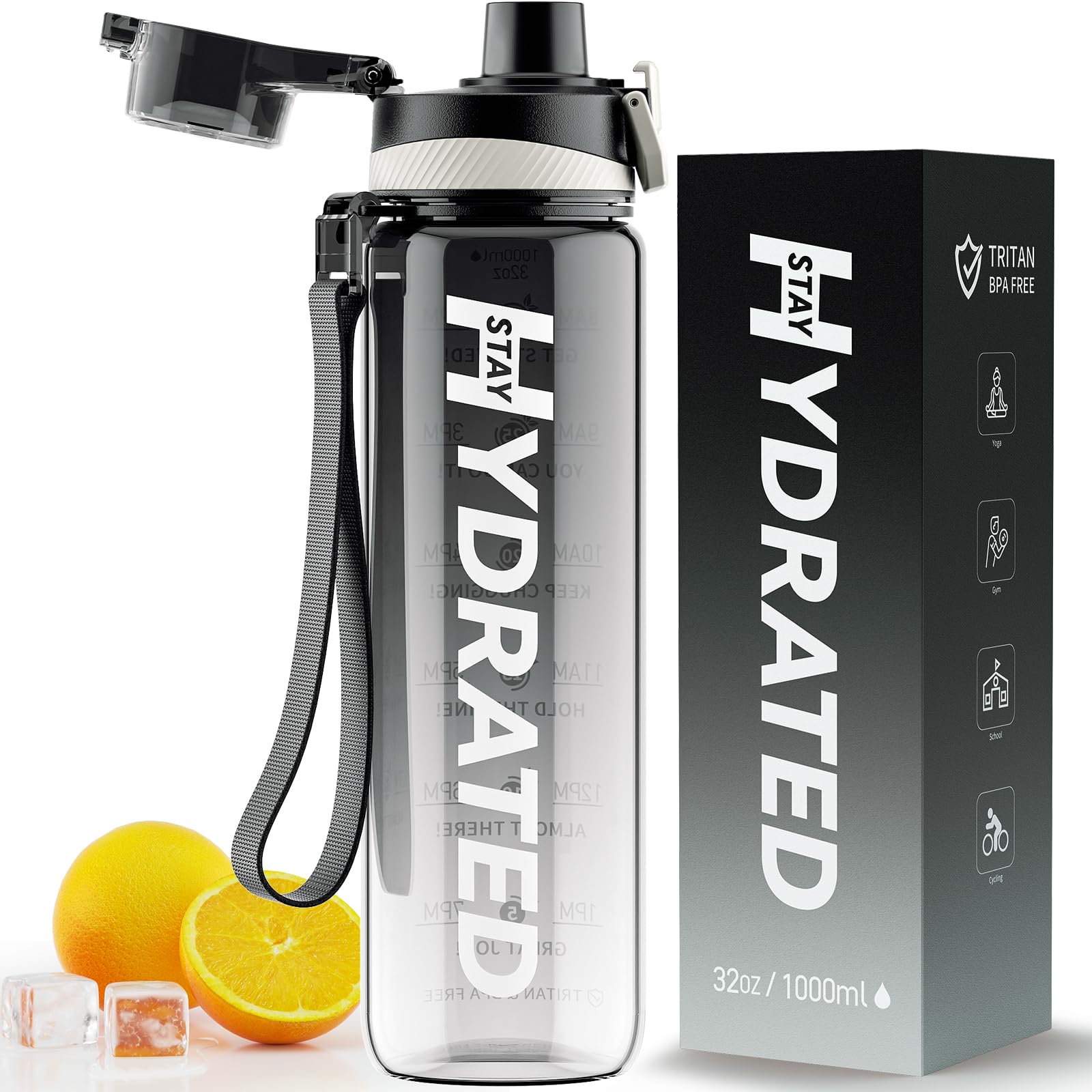 32 oz Motivational Water Bottle with Time Marker - BPA Free Tritan Sports Water Bottle, Leakproof Wide Mouth with Drink Reminder & Strap - Perfect for Gym, Fitness, Hiking & Outdoor Activities - Great Christmas Gift