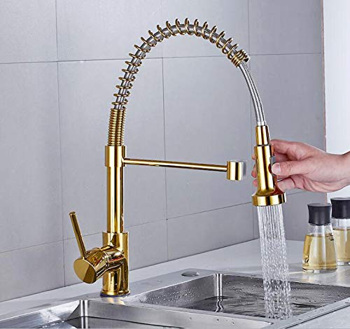 Commercial Kitchen Faucet with Pull Down Sprayer - Single Handle Lever Spring Kitchen Sink Faucet in Gold (FC1013) - Perfect for Restaurants, Cafes & Home Kitchens