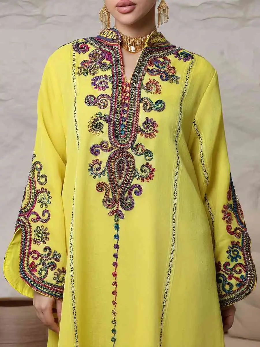 Elegant Rope Embroidery Eid Caftan Dress for Women - Middle Eastern Traditional Kaftan - Perfect for Eid Celebrations, Weddings & Special Occasions