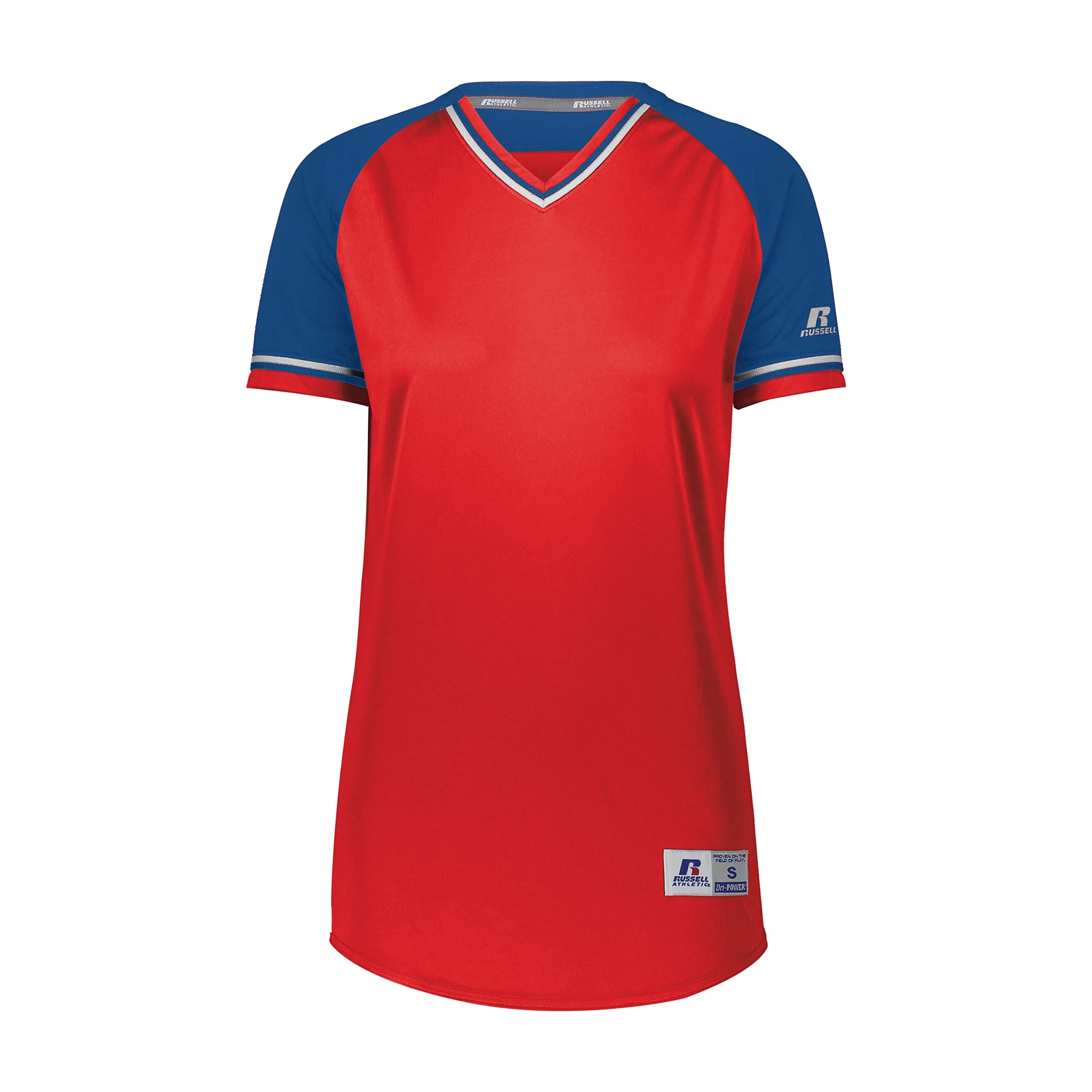 Russell Athletic Women's V-Neck Softball Jersey - Short Sleeve Moisture Wicking Performance Tee - Classic Athletic Wear for Softball Games, Training & Casual Sports Outfits