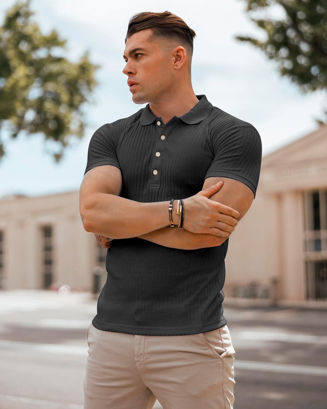 Men's Slim Fit Muscle Polo Shirts - Short Sleeve Ribbed Knit Golf & Bowling Shirts | Breathable Dry Fit Casual Tees for Sports & Outdoor Activities