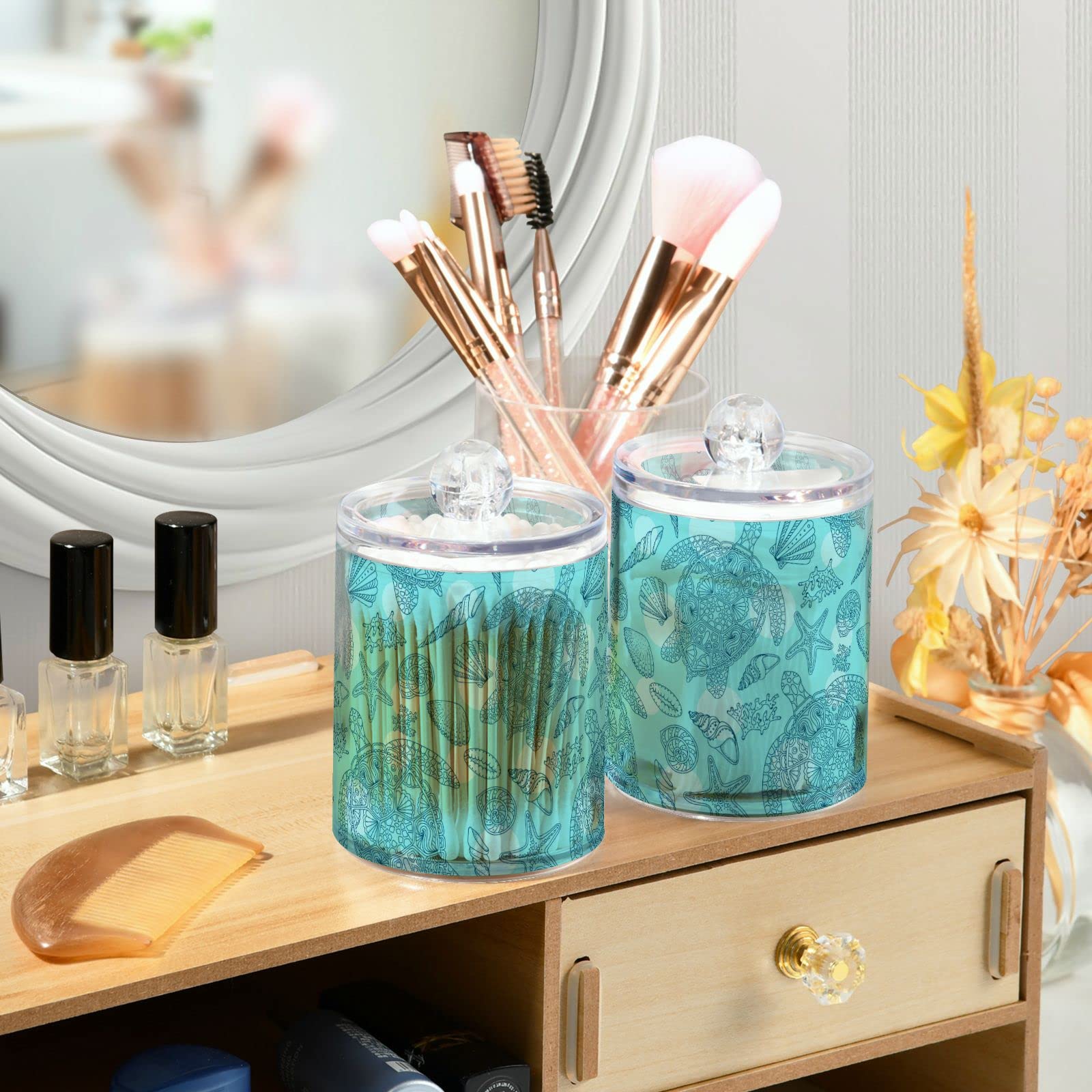 2 Pack Seashell & Turtle Shaped Q-Tip Holder Organizer - Bathroom Storage Canister for Cotton Swabs, Pads, Floss - Perfect for Beach Themed Decor, Spa Essentials & Bathroom Organization