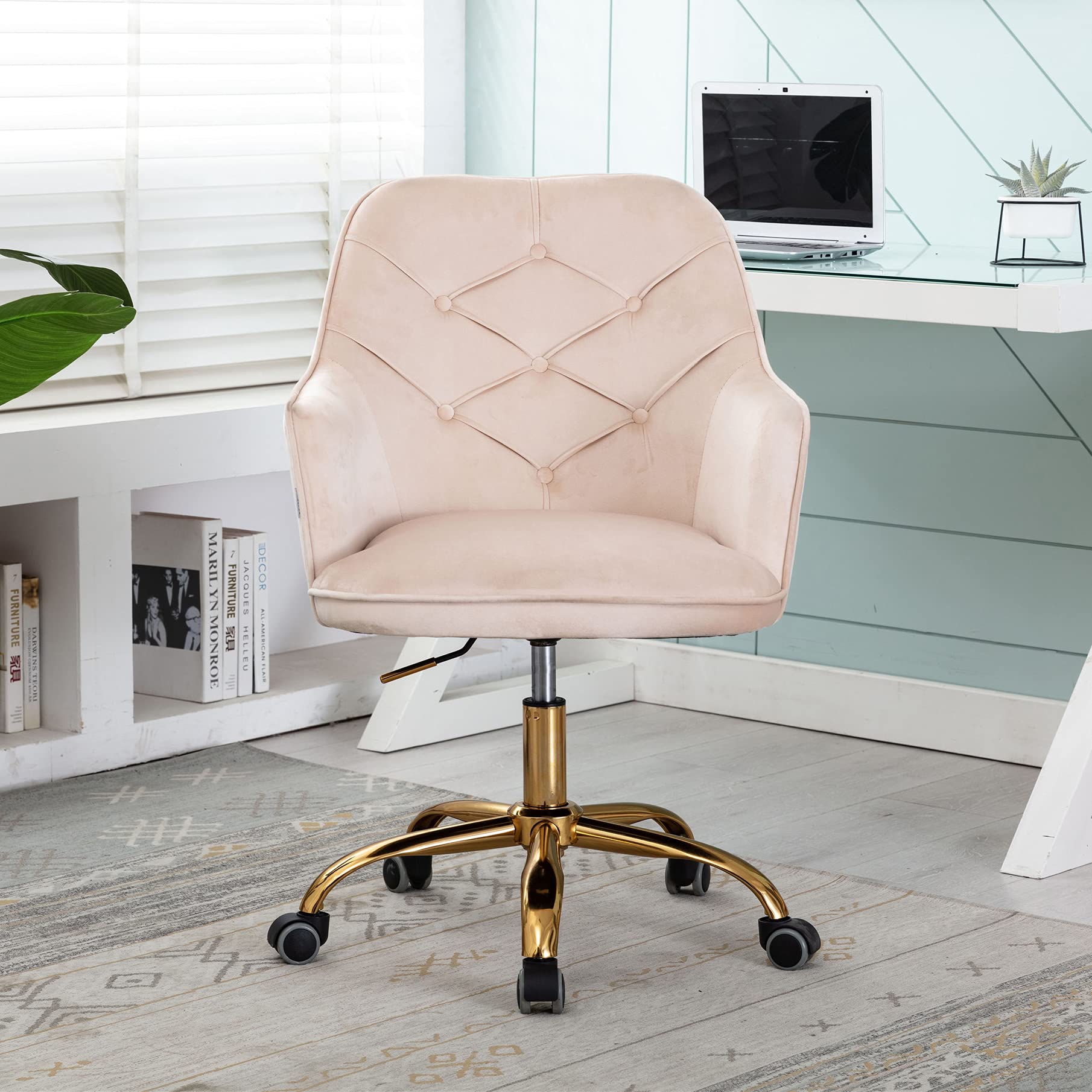 Premium Velvet Home Office Chair - Adjustable Swivel Desk Chair with Gold Base | Ergonomic Executive Chair for Workstation, Study Room & Vanity Desk (Beige & Gold)