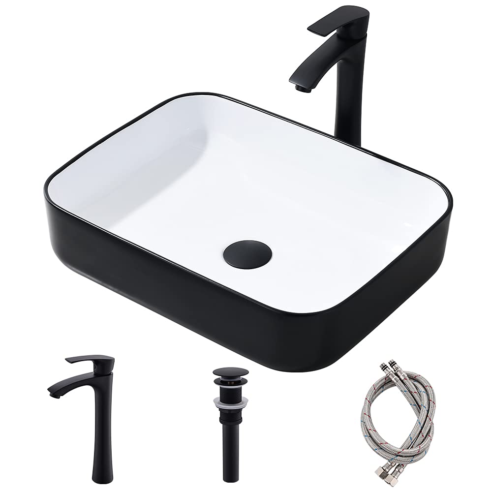 Bokaiya 16x12 Inch White & Black Porcelain Vessel Sink with Faucet and Pop-Up Drain Combo - Above Counter Bathroom Art Basin for Modern & Luxury Home Decor