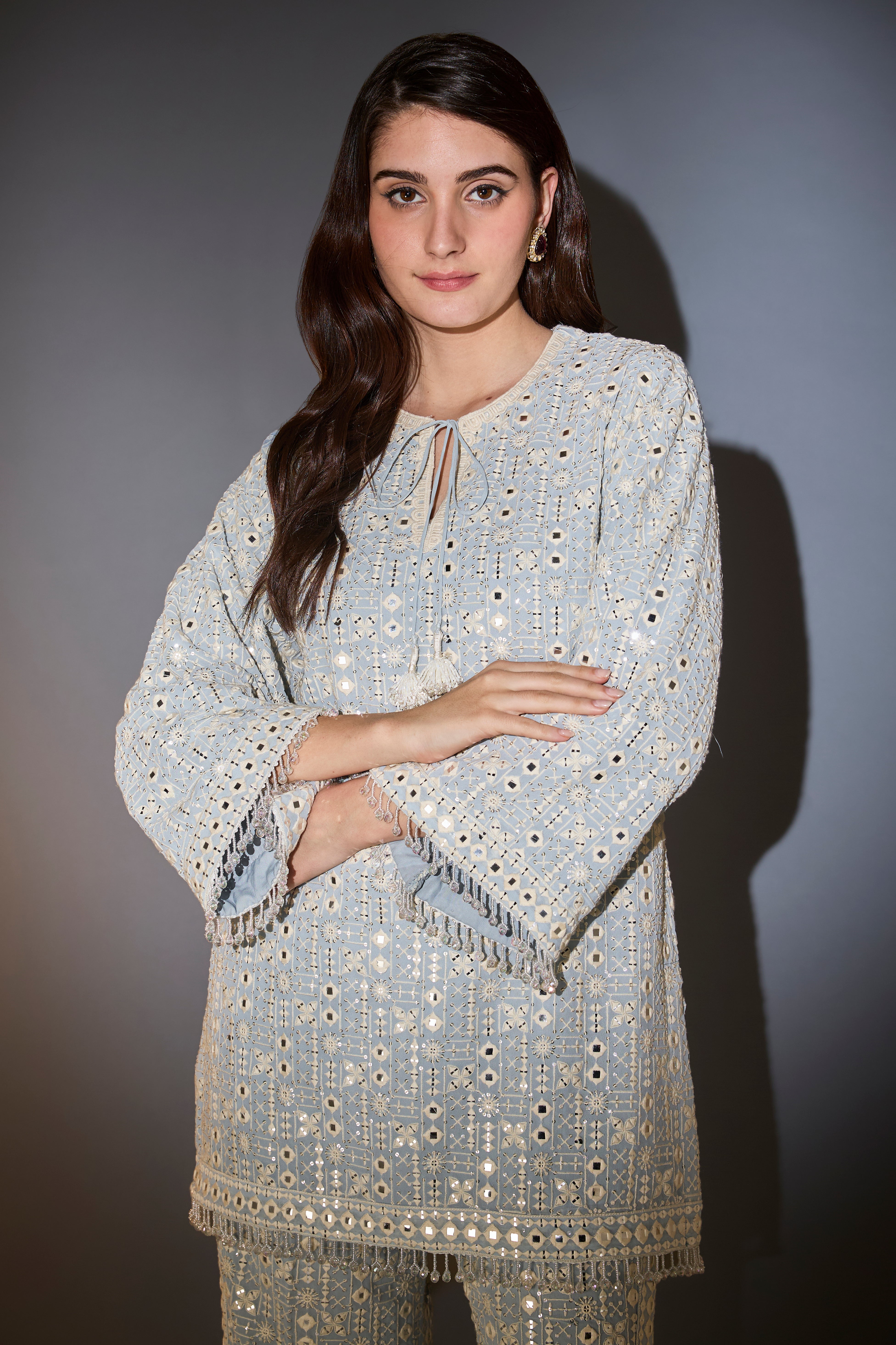 Elegant Powder Blue Co-Ord Set with Intricate Thread, Mirror & Sequin Embroidery - Embellished Tassels & Detailed Edging for Women | Perfect for Parties, Weddings & Special Occasions