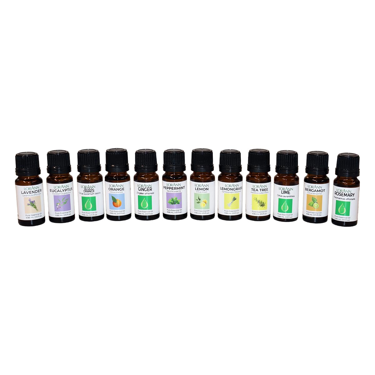LorAnn 12-Piece Essential Oil Set - 1/3 oz Dropper Bottles (Lavender, Eucalyptus, Peppermint, Lemon & More) for Aromatherapy, Diffusers & DIY Beauty Products