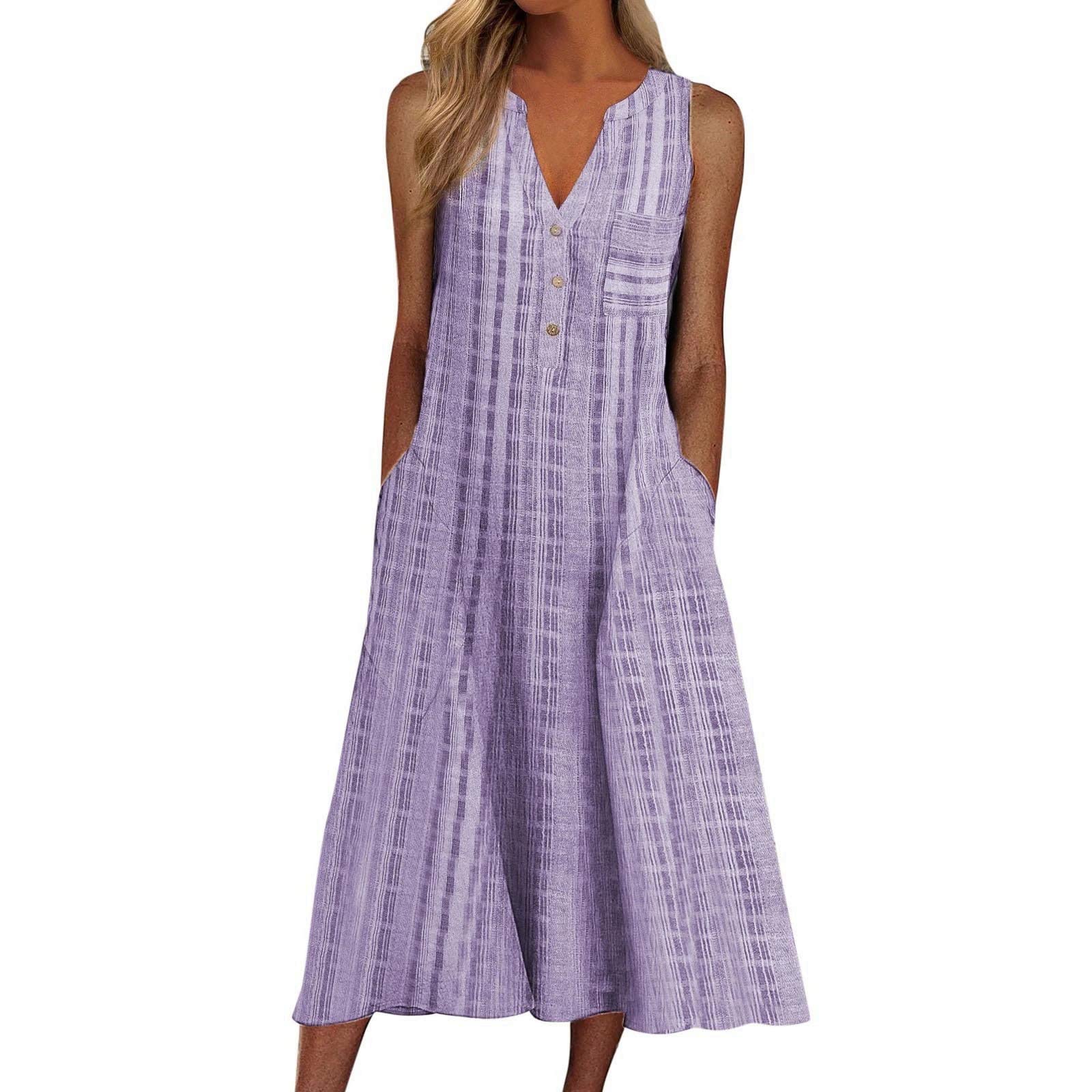 MASHAN Women's Casual Summer Stripe Button-Down V-Neck Sleeveless Pocket Maxi Dress - Floral Beach Party, Vacation, Holiday & Everyday Wear