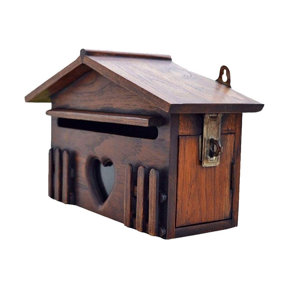 Vintage Lockable Wall Mount Mailbox - Farmhouse Style Wooden Letter Box with Key, Decorative Hanging Post Box for Home & Garden - Perfect for Front Porch, Entryway, and Outdoor Decor
