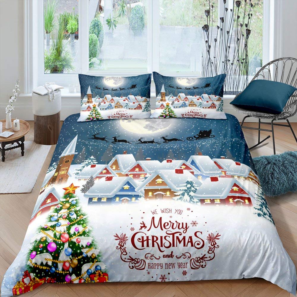 Santa Claus Christmas Bedding Set - Elk Snowflake Comforter Cover for Adults, Teens & Kids - Winter Holiday Duvet Cover with Xmas Trees & Snowman Decor - Perfect for Twin Beds, Holiday Gifts & Cozy Home Decor