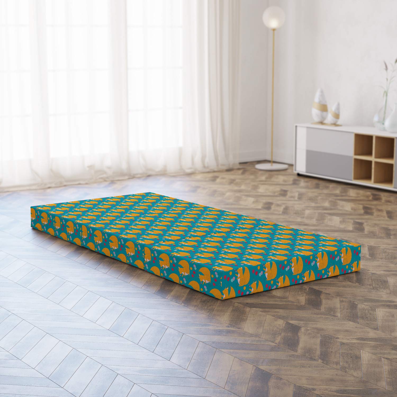 Ambesonne Squirrel Pattern Foldable Mattress - 74.8 x 35.4 Inch Fluffy Happy Birthday Design in Marigold & Dark Pink - Perfect for Kids' Rooms, Birthday Gifts & Cozy Napping Spaces