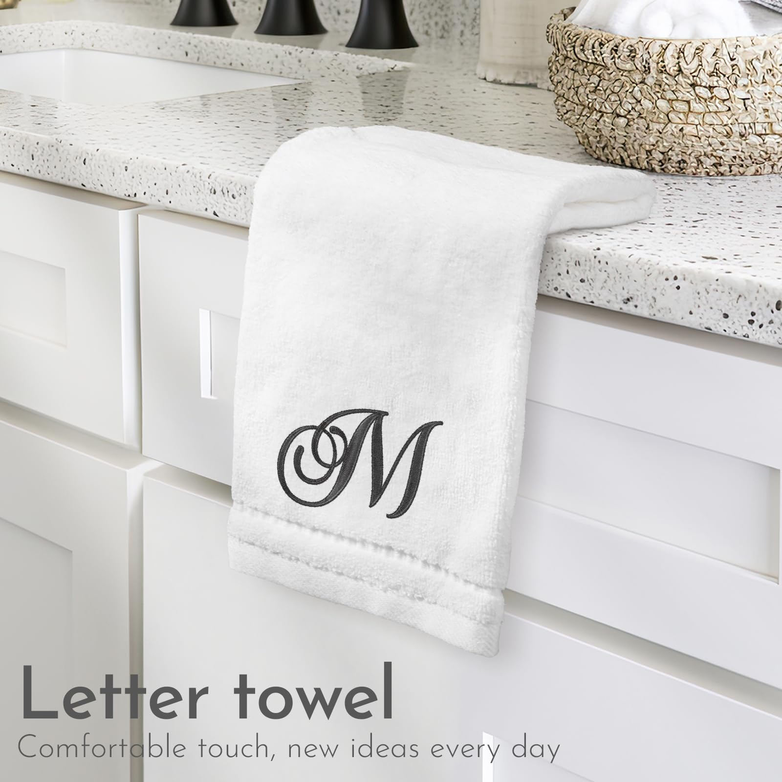 Personalized Monogrammed Hand Towels Set - 100% Cotton Embroidered Bathroom Towels 11x18 Inches (Set of 2) - Soft Absorbent Guest Towels for Bath, Kitchen & Powder Room - White Initial M Design