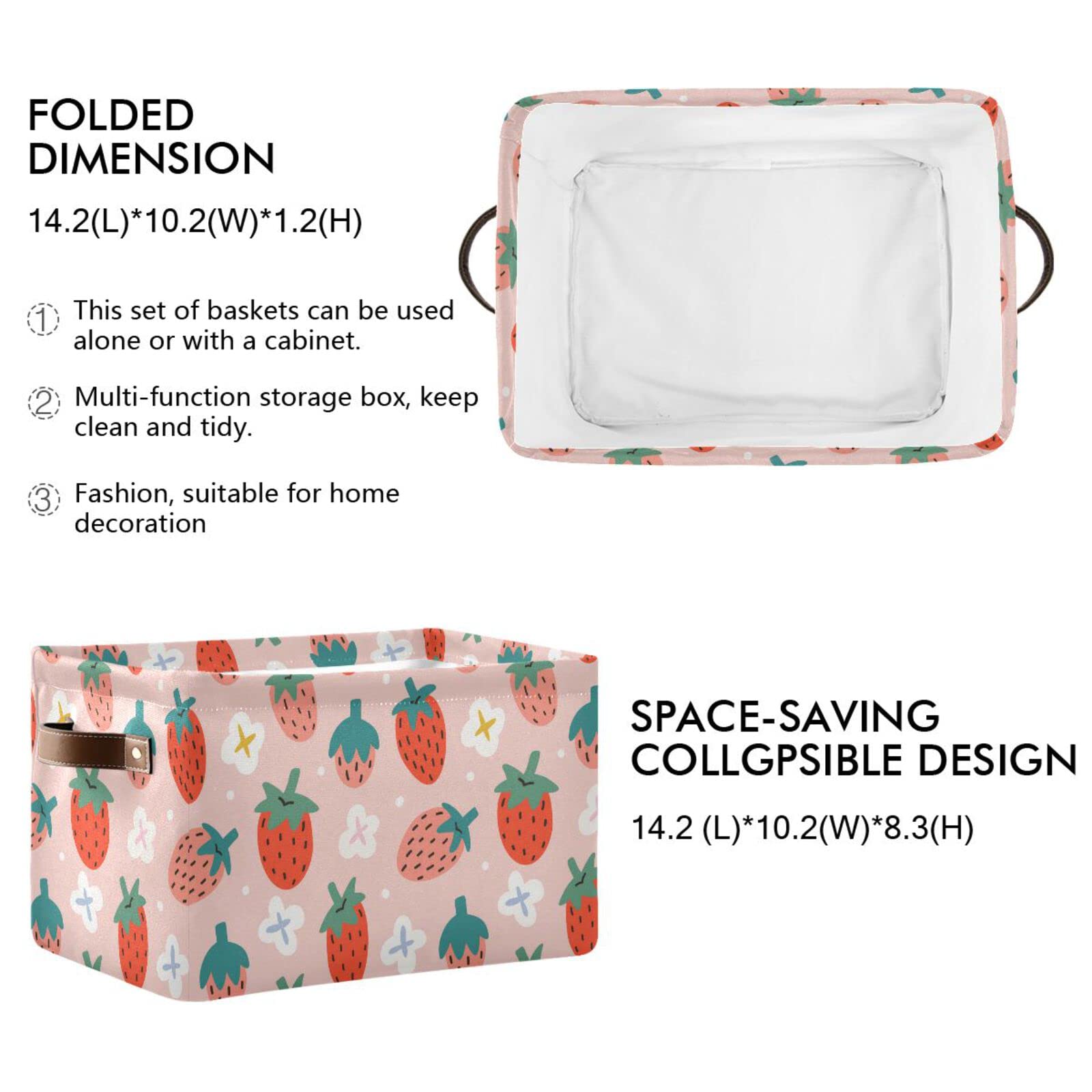 Strawberry Print Foldable Storage Bins (2-Pack) - Collapsible Fabric Storage Baskets with Handles for Nursery, Closet, Bedroom & Office Organization - Perfect for Toys, Books & Home Decor