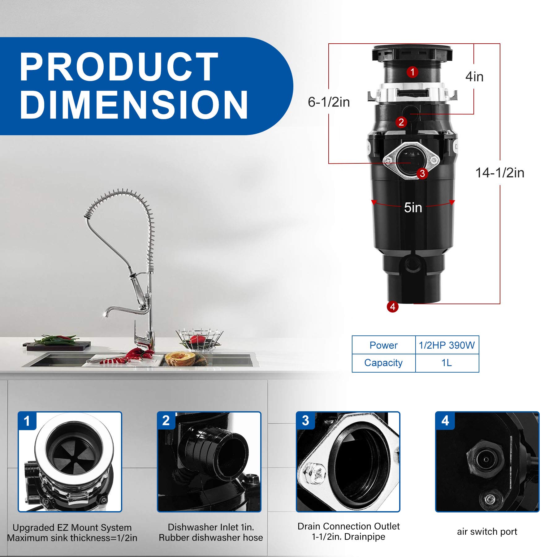 CLEESINK 1/2 HP 390W Continuous Feed Garbage Disposal with Permanent Magnetic DC Motor - 1L High Efficiency Food Waste Disposer with Power Cord (JD390-B2) - Perfect for Kitchen Sink Waste Management & Eco-Friendly Home Use