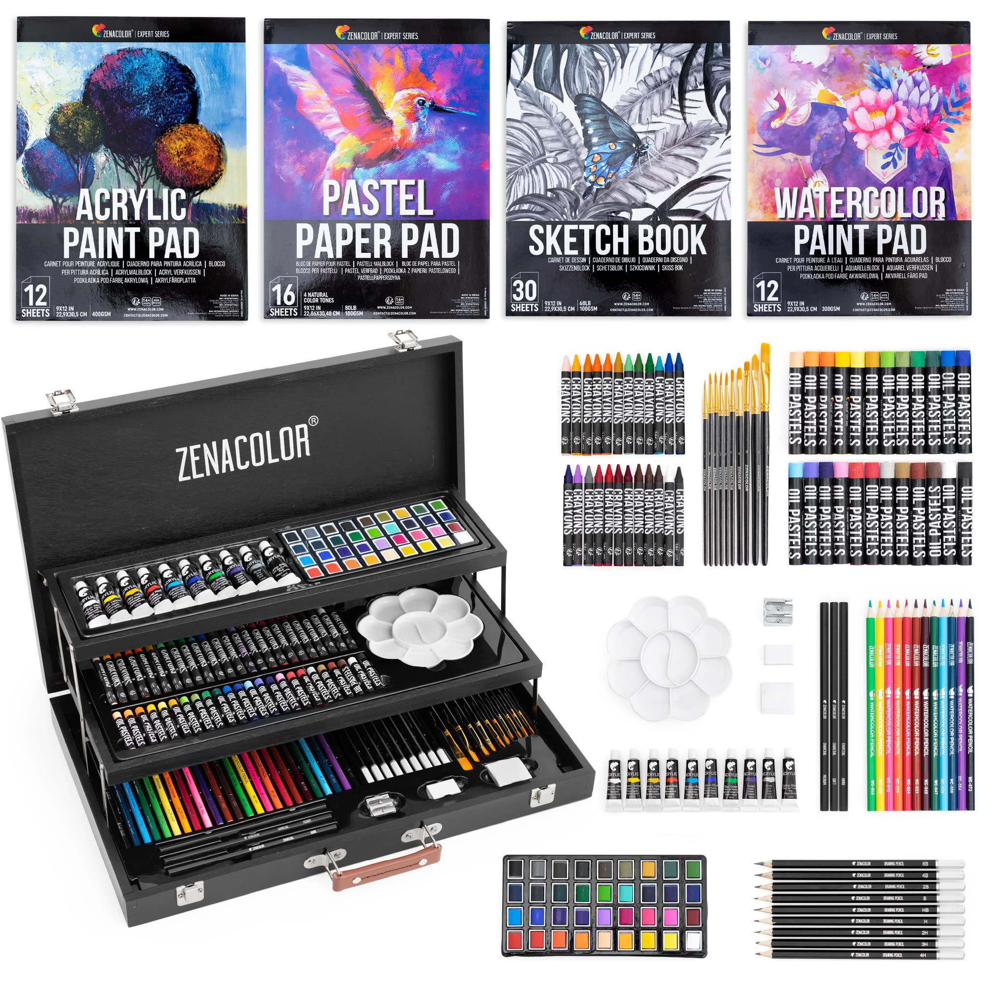 Zenacolor 150-Piece Mixed Media Art Set XXL with Premium Wooden Case - Professional Art Supplies for Painting, Drawing & Coloring - Includes Pastels, Acrylics, Watercolors, Crayons & Pencils + 4 Sketch Pads - Perfect for Artists, Students & Creative Projects
