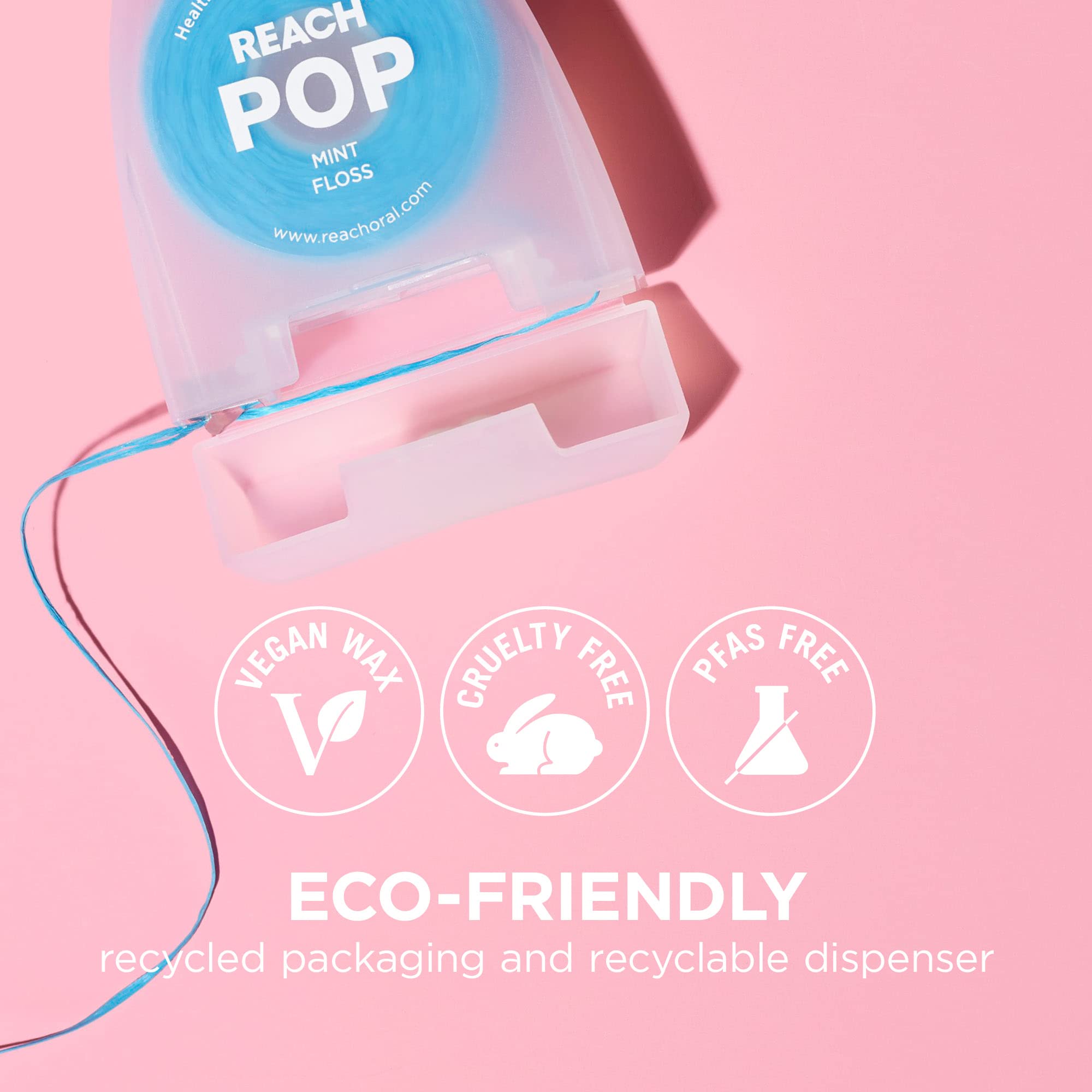 REACH POP Mint Dental Floss for Adults & Kids - Vegan Wax, PFAS Free, Shred Resistant Plaque Remover - 2 Pack (54.6 Yards) - Eco Friendly Oral Care for Fresh Breath & Healthy Teeth - Perfect for Travel, Home & Office Use