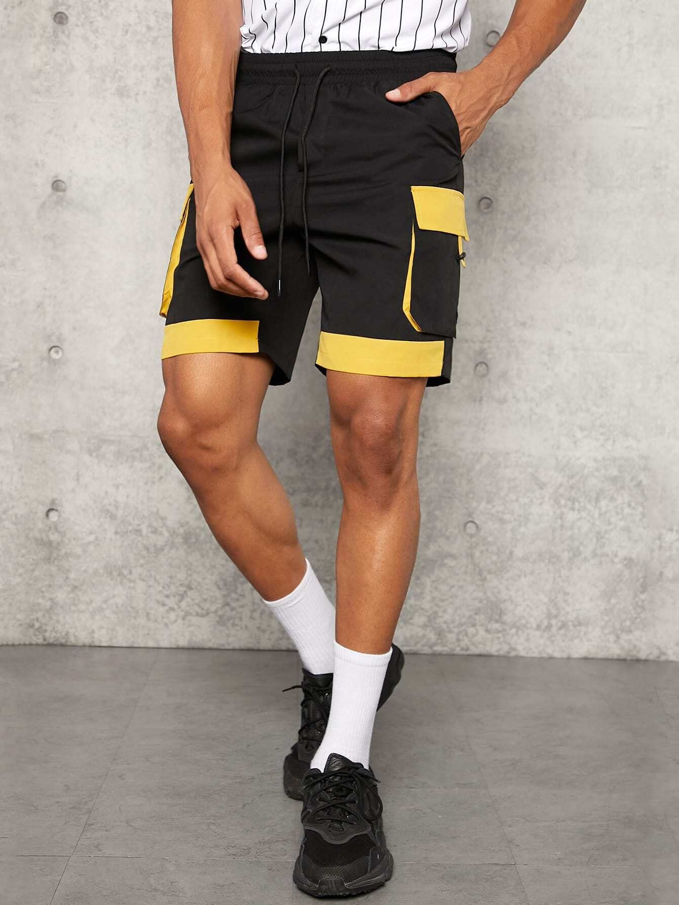 HDZWW Men's Casual Colorblock Shorts with Side Pockets & Drawstring Waist - Breathable Summer Beach Shorts for Outdoor Activities (Black, XXL) - Perfect for Swimming, Gym, Travel & Lounge Wear