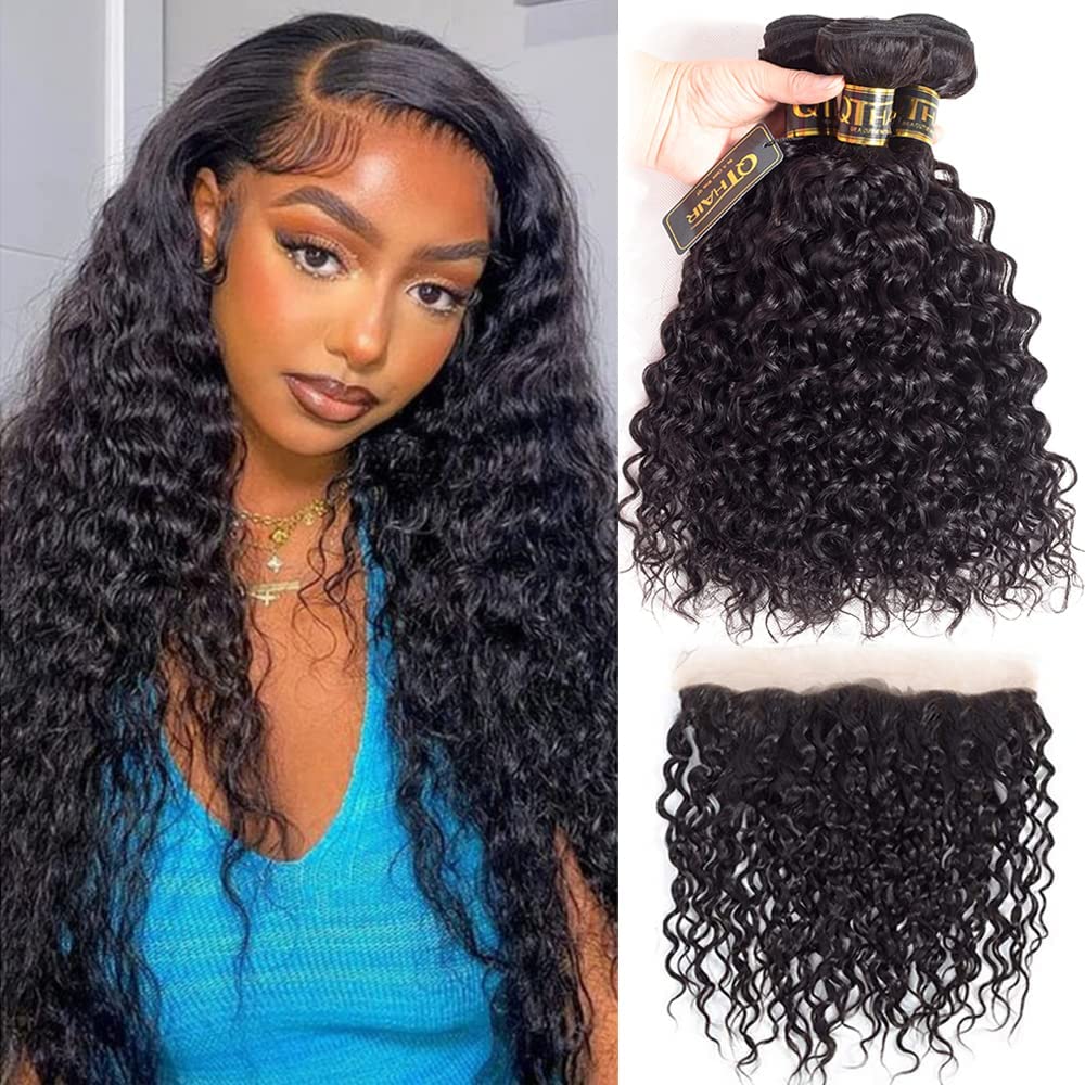 QTHAIR 14A Water Wave Brazilian Virgin Human Hair Bundles with Lace Frontal (18
