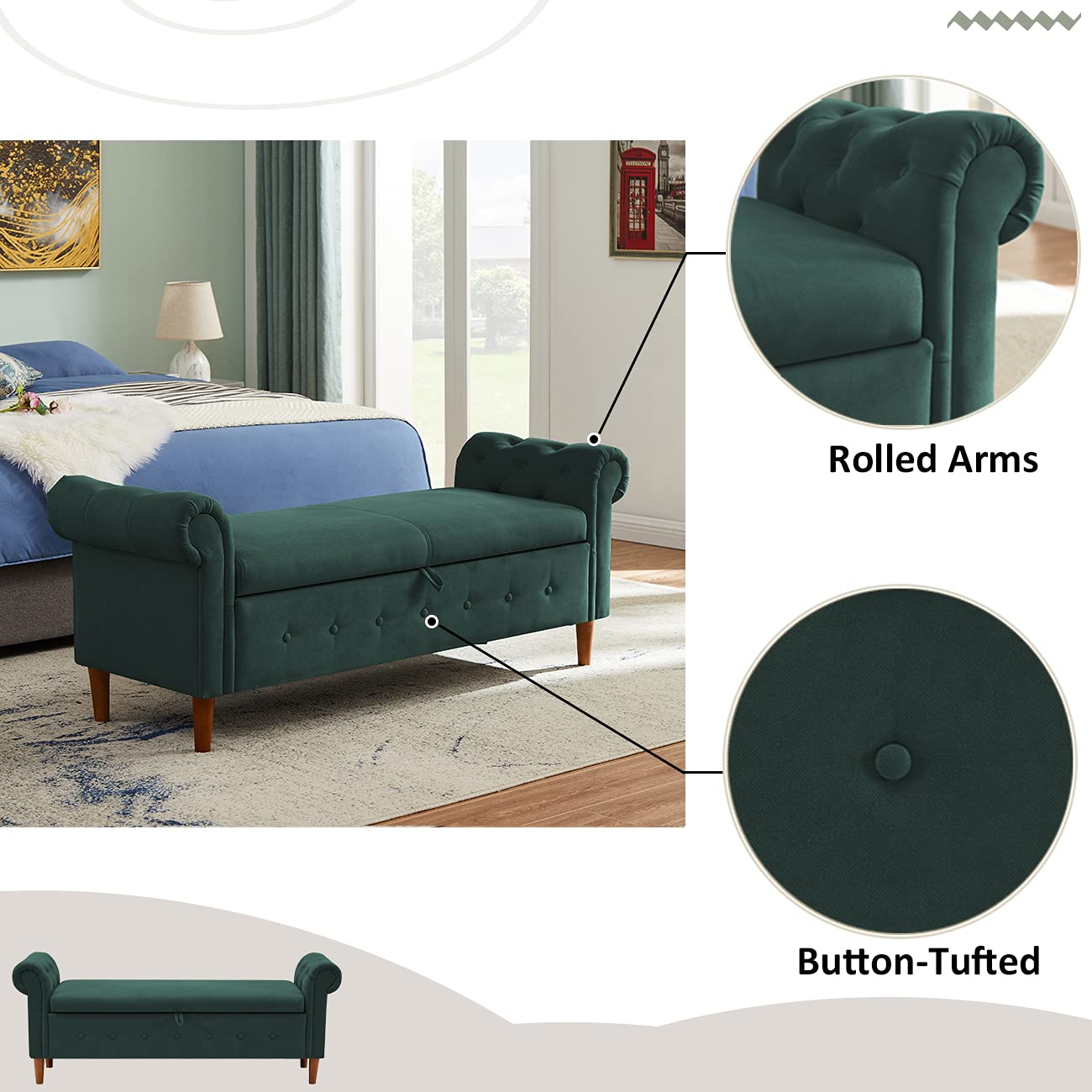 SLEERWAY Entryway Storage Bench - Small Ottoman Sofa Bench with Rolled Arms & Button-Tufted Design, Shoe Storage Bench for Living Room, Bedroom, Hallway - Perfect for Entryway Organization, Shoe Storage & Extra Seating