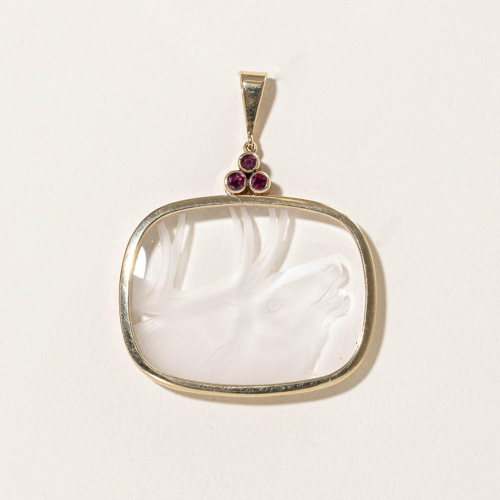 Exquisite Hand-Carved Buck Intaglio Quartz & Ruby Pendant - 52.00ct Natural Quartz with 0.36ctw Genuine Rubies - Elegant Jewelry Gift for Nature Lovers & Hunters - Perfect for Outdoor Adventures, Hunting Trips & Special Occasions