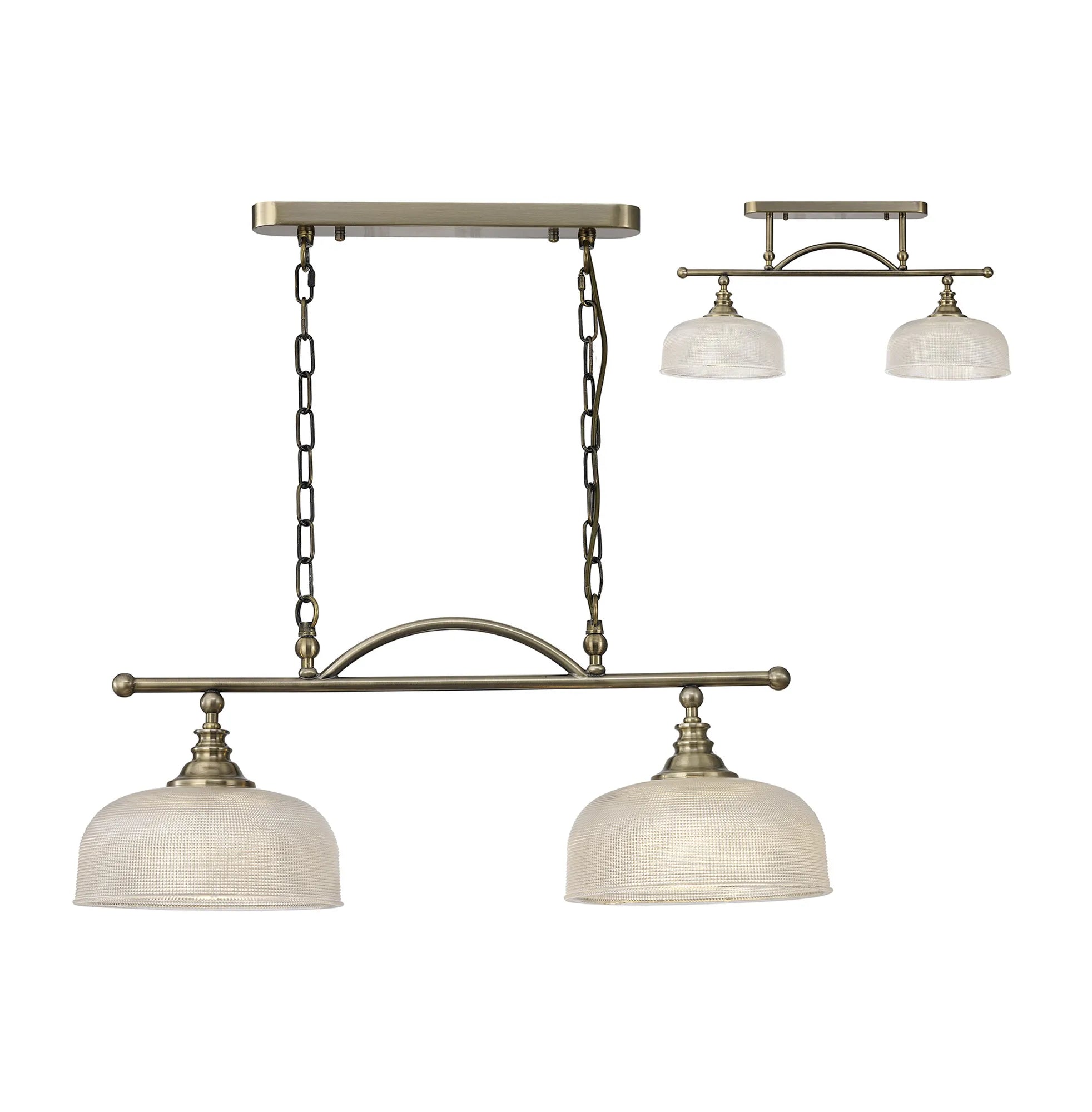 Cleron Semi Flush Mount Ceiling Light - Adjustable 2/3 Light Kitchen Lighting Fixture with E27 Socket in Satin Nickel, Polished Nickel & Antique Brass Finish - Prismatic Glass Shade for Dining Room, Bedroom or Hallway Lighting