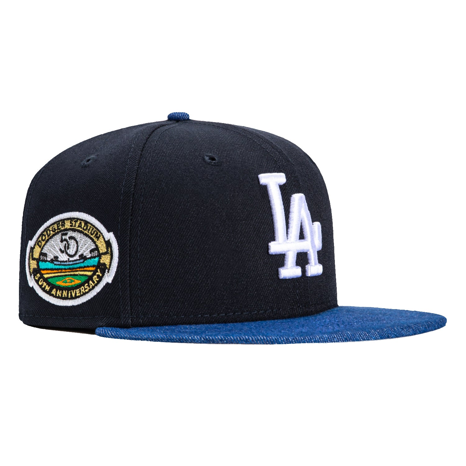 New Era 59Fifty Denim Pack Los Angeles Dodgers 50th Anniversary Stadium Patch Baseball Cap - Navy & Royal Blue - Official MLB Licensed Hat for Fans & Collectors - Perfect for Games, Tailgating & Streetwear Fashion