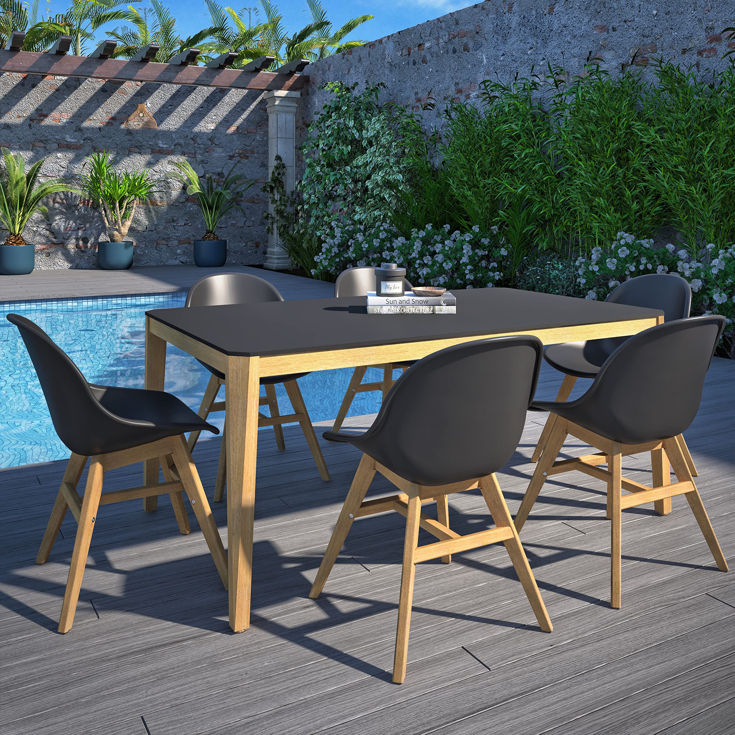 Urban Elements Eugène 7-Piece Outdoor Dining Set - FSC Certified Eucalyptus Wood Patio Furniture with Teak Finish - Black Rectangular Table & Side Chairs for Backyard, Garden, Poolside or Terrace Dining