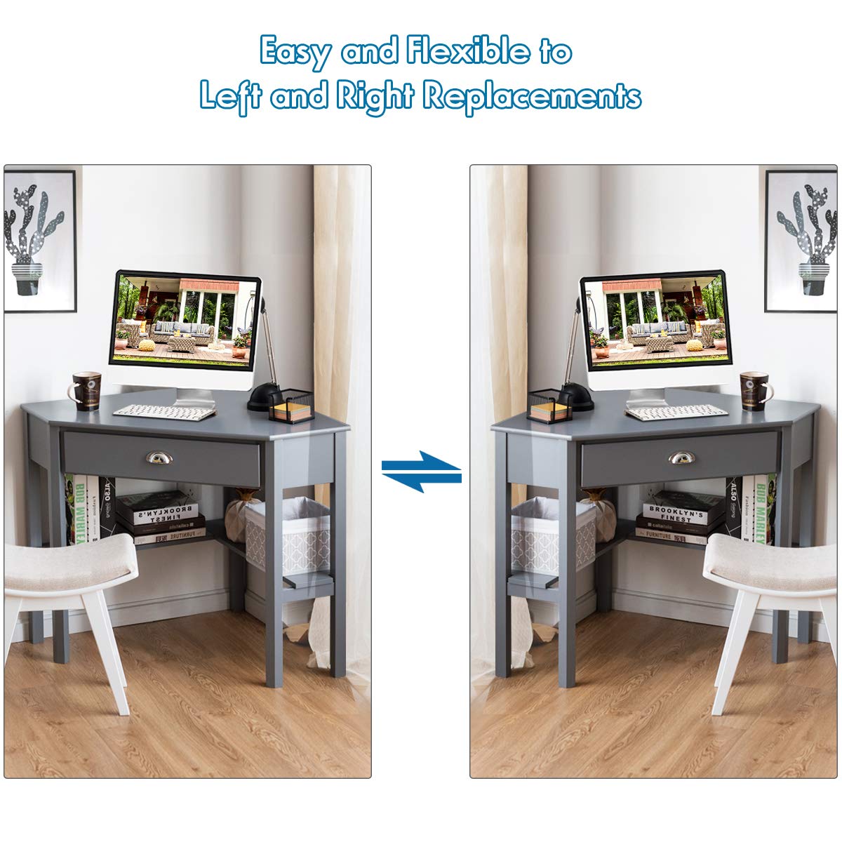 Tangkula Grey Corner Computer Desk with Drawer & Storage Shelves - 90° Triangle Small Space Desk for Home Office, Gaming & Makeup Vanity | Compact Workstation Solution for Apartments & Dorm Rooms
