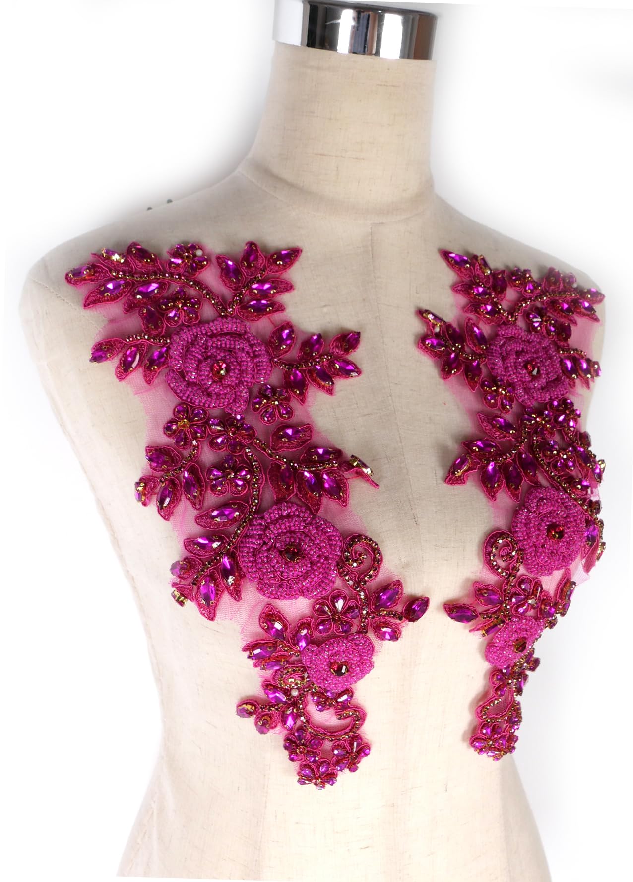 Handmade Beaded Rose Flower & Leaf Rhinestone Applique Pair - White & Clear for Prom Dress, Belt, Arts & Crafts, Sewing Decorations - Perfect for DIY Wedding, Bridal, and Evening Gown Embellishments
