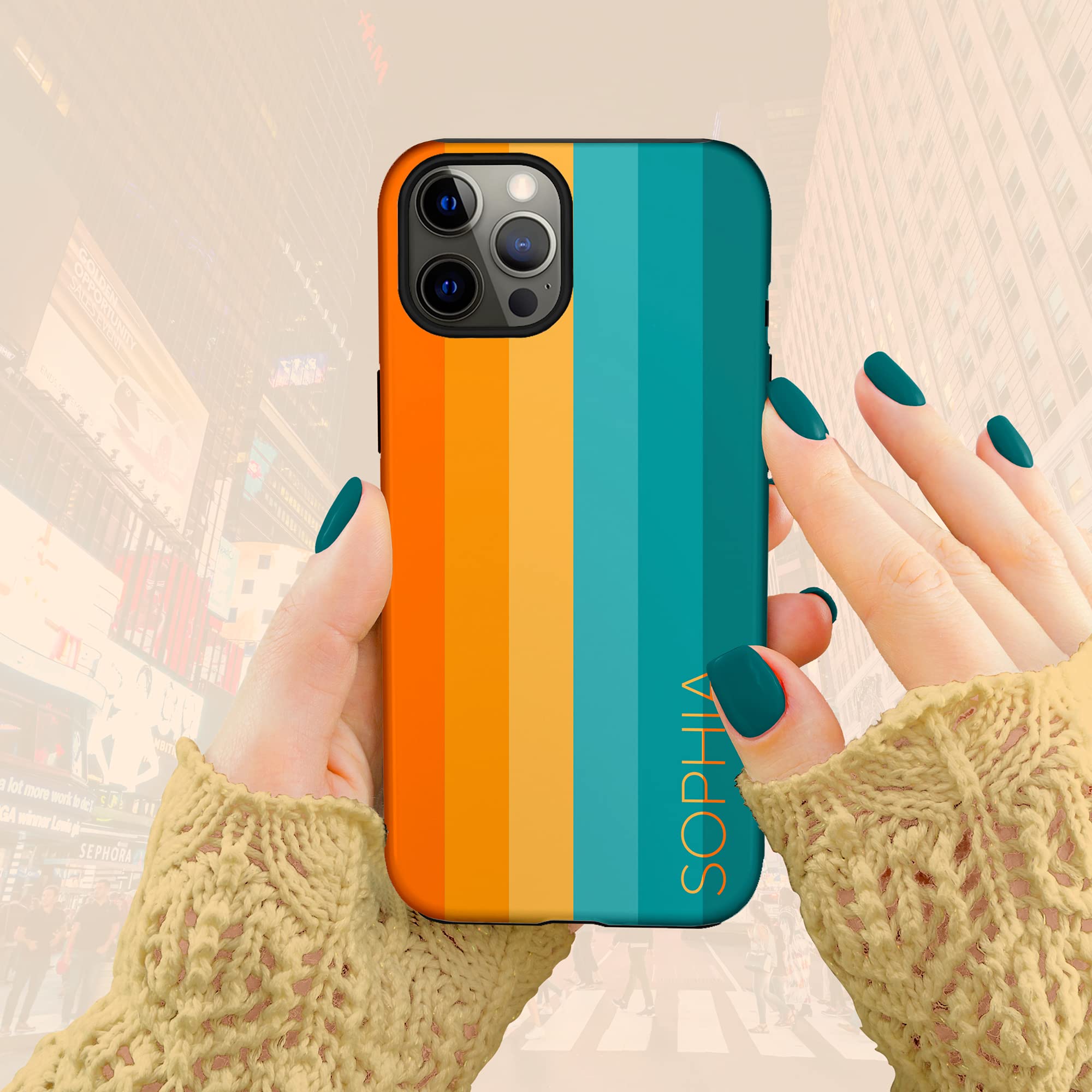 Retro Orange Teal Custom Rainbow Phone Case with Personalized Name - Compatible with iPhone 16 Plus, 15 Pro Max, 14, 13 Mini, 12, 11, X/XS Max, XR, 7/8 - Perfect for Everyday Use, Gifts & Special Occasions
