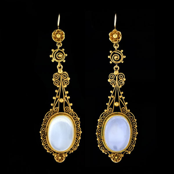 Victorian Style 14K Gold Moonstone and Pearl Filigree Jewelry Set - Elegant Earrings & Necklace for Weddings, Parties & Special Occasions