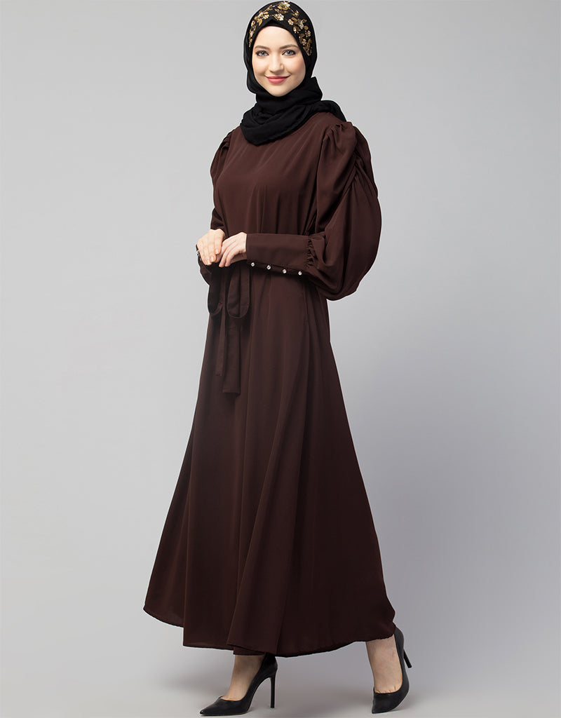 Elegant Arabic Long Cuff Gathered Puffed Sleeve Brown Abaya Dress for Women | Modest Islamic Clothing | Perfect for Prayer, Eid, Wedding & Special Occasions