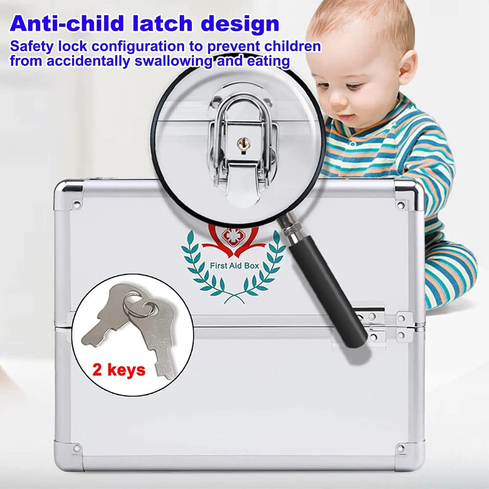 Lockable First Aid Kit Box with Security Key & Portable Handle - 2/3 Tier Medicine Storage Organizer for Prescription Drugs (Silver) | Perfect for Home, Office, Travel & Emergency Preparedness