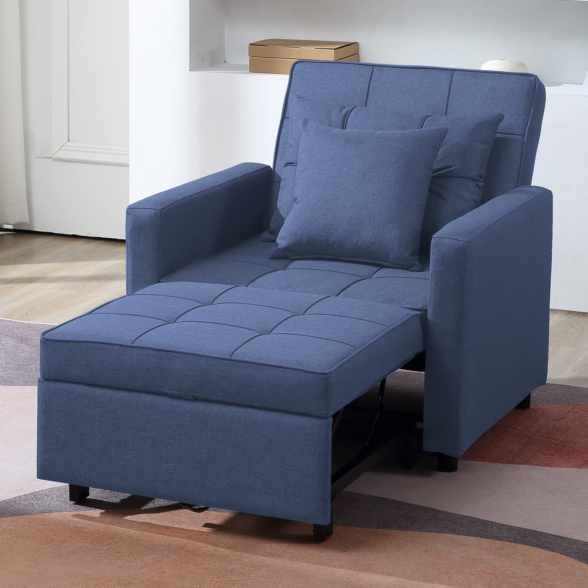 3-in-1 Convertible Sleeper Chair Bed - Adjustable Backrest Folding Sofa Bed | Modern Linen Fabric Pull Out Guest Bed | Multi-Functional Single Armchair for Small Spaces (Dark Blue) - Perfect for Apartments, Dorms & Home Offices