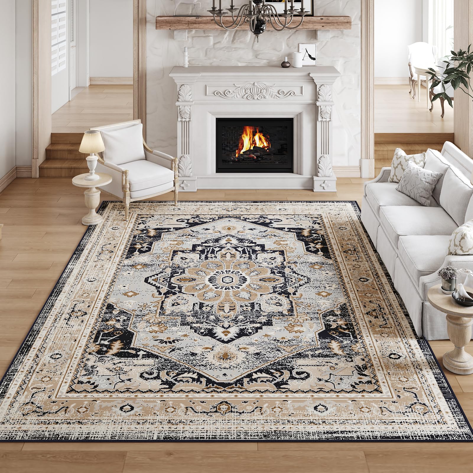 VK VK·LIVING 6'x9' Vintage Washable Area Rug - Non-Slip Machine Washable Carpet for Living Room, Bedroom, Dining & Office - Boho Traditional Woven Rug with Stain Resistance (Brown & Black) - Perfect for High Traffic Areas, Pet-Friendly Homes & Modern Boho Decor