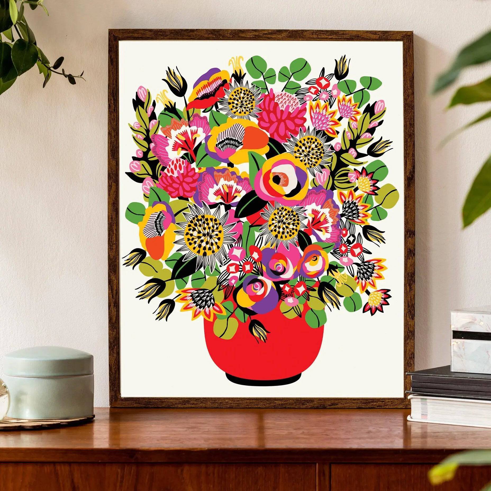 Modern Wall Art Print of Roses and Lilies in Vase - Elegant Floral Home Decor for Living Room, Bedroom & Office