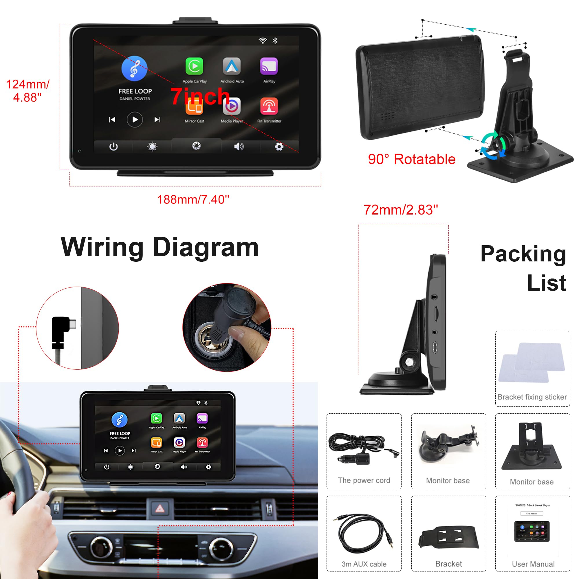 Rimoody 7 Inch Wireless Apple CarPlay & Android Auto Car Stereo - Portable Bluetooth Car Radio with Mirror Link, FM Transmitter, AUX & Voice Control - Perfect for Road Trips & Daily Commuting