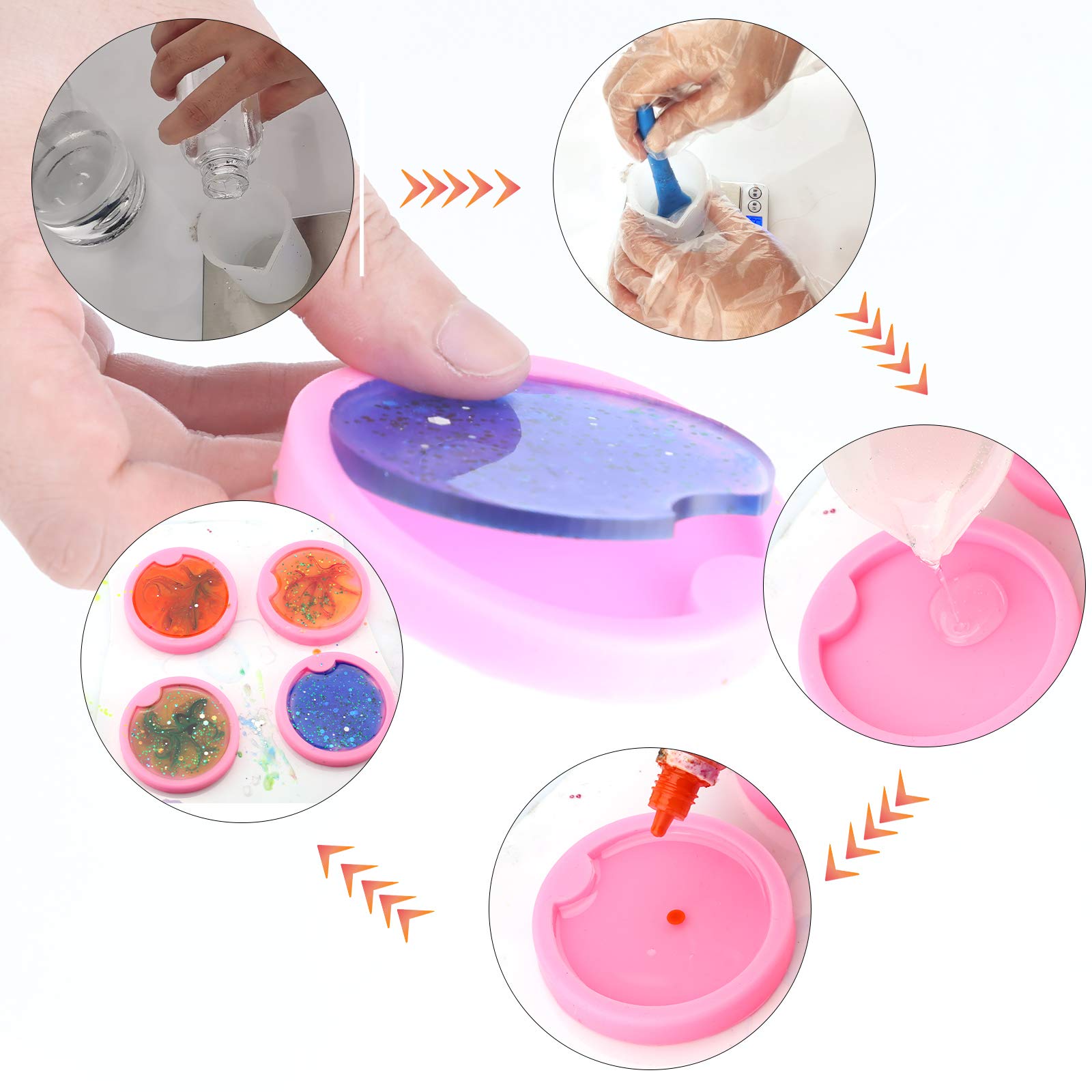 SAVITA 4Pcs Silicone Coaster Molds for Resin Casting - DIY Round Coaster Silicone Molds for Jewelry Making, Resin Coasters & Keychain Decorations (Pink) - Perfect for Home Decor, Gift Making & Craft Projects
