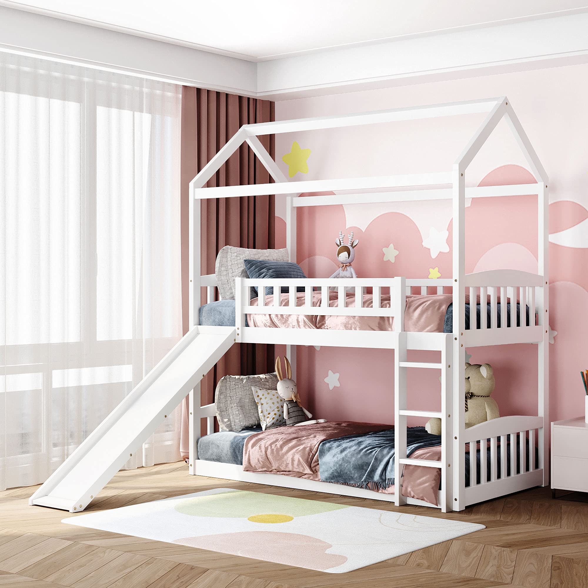 House Shaped Wooden Bunk Bed with Slide - Twin Over Twin Kids Bunk Bed with Roof & Safety Guardrail, No Box Spring Required (White) - Perfect for Children's Bedrooms, Playrooms & Sleepovers