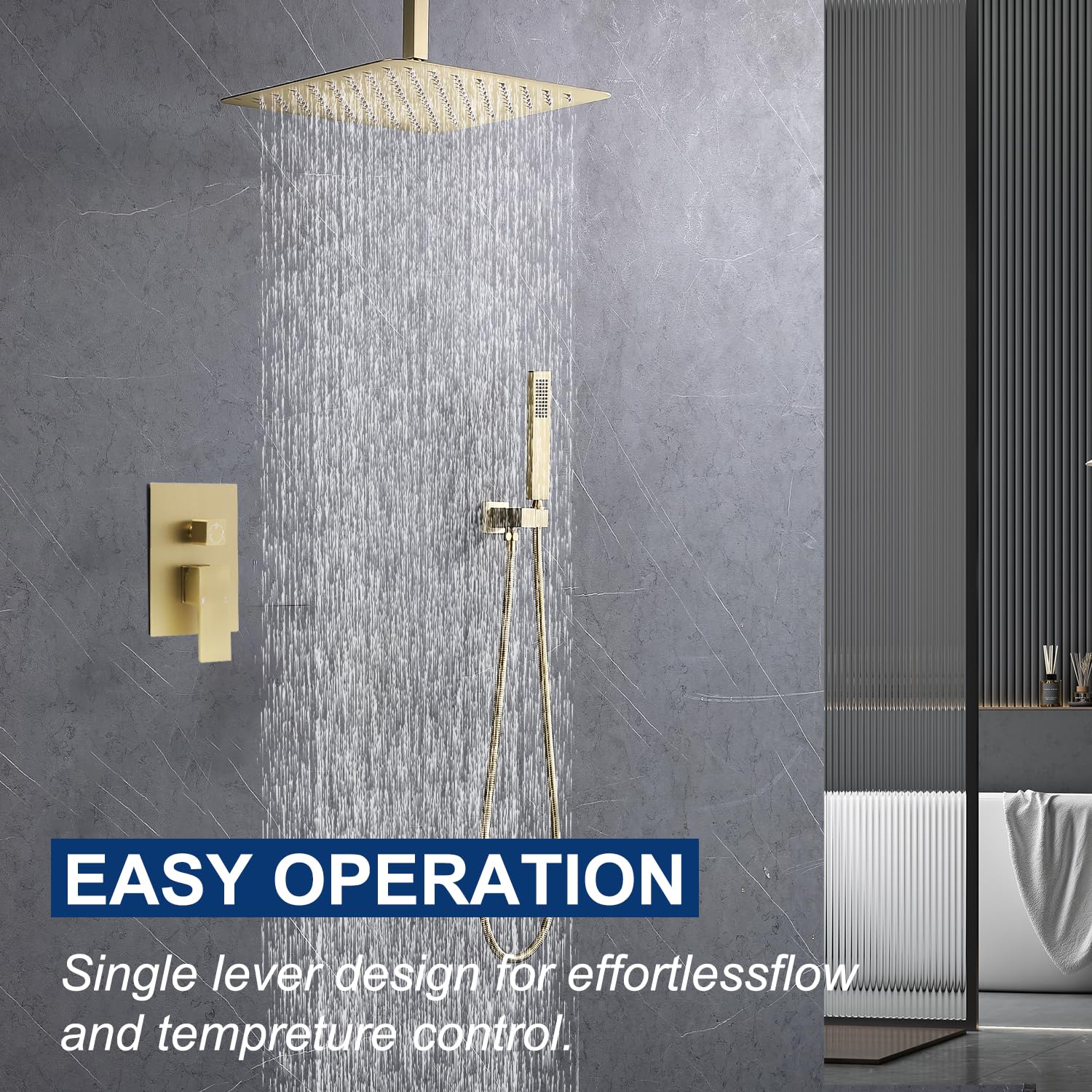 16 Inch High Pressure Ceiling Mount Rain Shower System - Dual Function Overhead Shower Head with Handheld Sprayer, Brushed Gold Shower Faucet Set - Perfect for Luxurious Spa-Like Bathroom Experience
