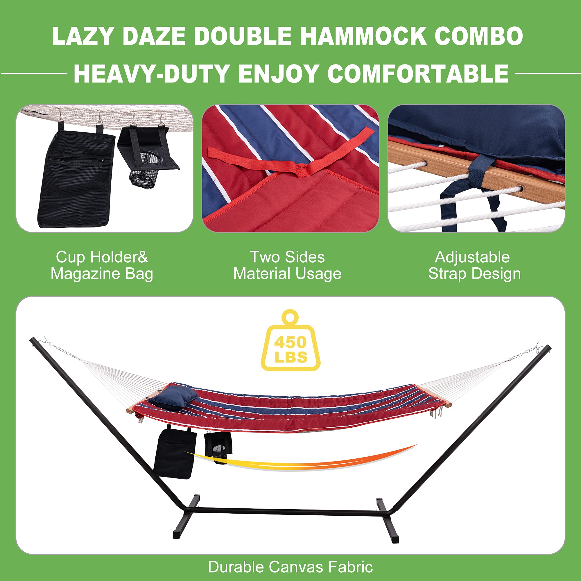 Best Double Hammock with Stand - 12 ft Steel Frame, 2 Person Cotton Rope Hammock with Quilted Pad & Accessories (Red/Navy Stripes) - Perfect for Backyard Relaxation, Camping & Beach Lounging