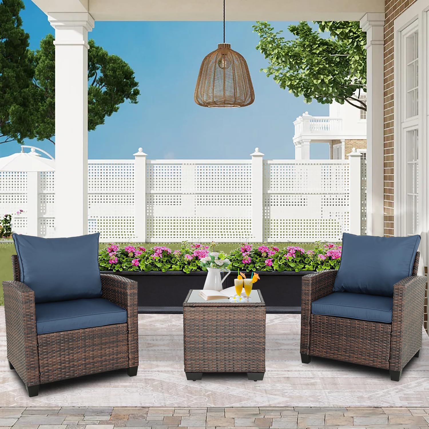 3-Piece Patio Furniture Set, PE Rattan Wicker Outdoor Sofa with Washable Cushions & Tempered Glass Table - Perfect for Balcony, Garden, Poolside & Backyard (Brown & Navy Blue) | Weather-Resistant Outdoor Lounge Set for Relaxing & Entertaining