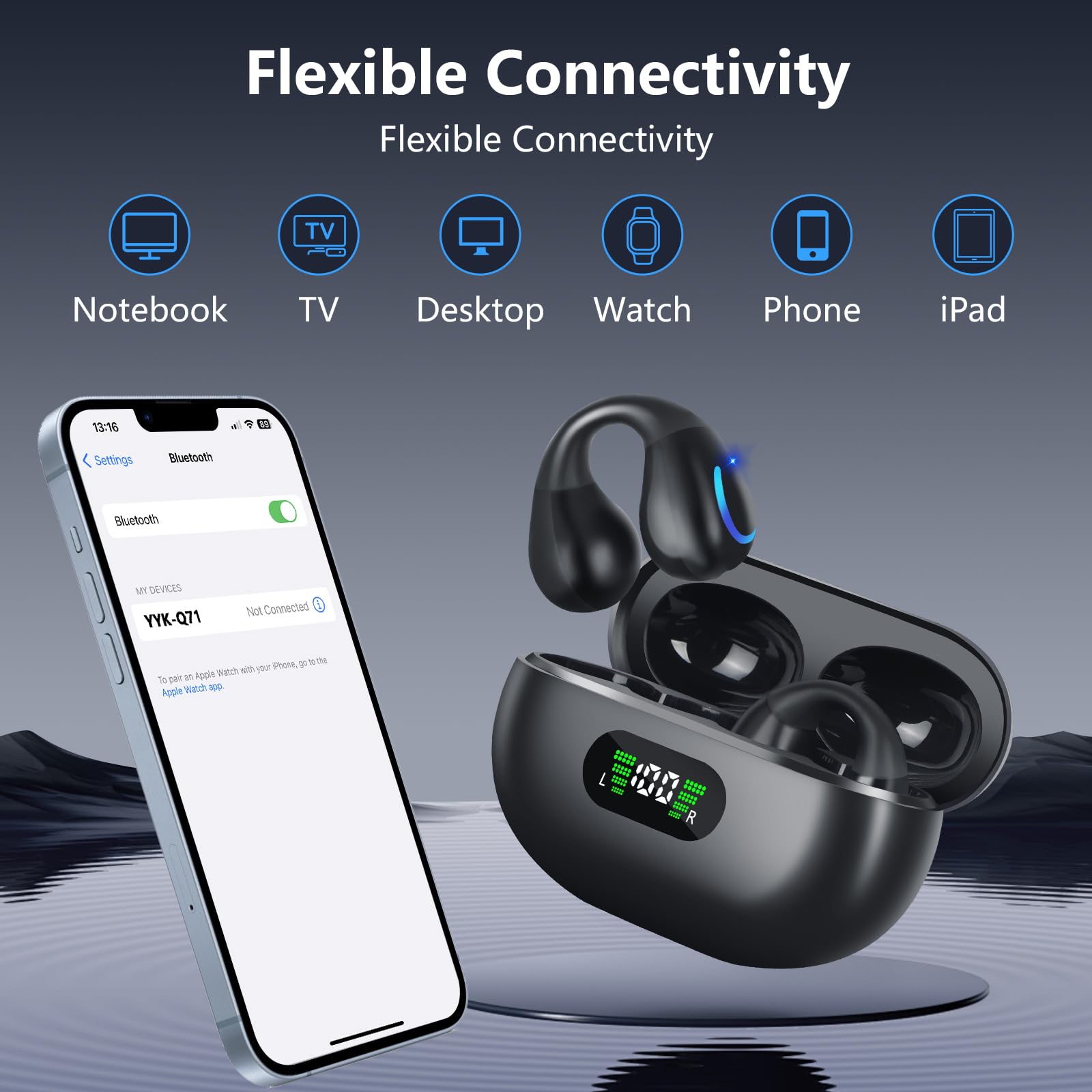 Open Ear Bone Conduction Bluetooth 5.3 Wireless Headphones - 60H Playtime, IPX7 Waterproof, Built-in Mic, Digital Display Charging Case - Sport Earphones for Running, Cycling, Gym & Outdoor Activities (Black)