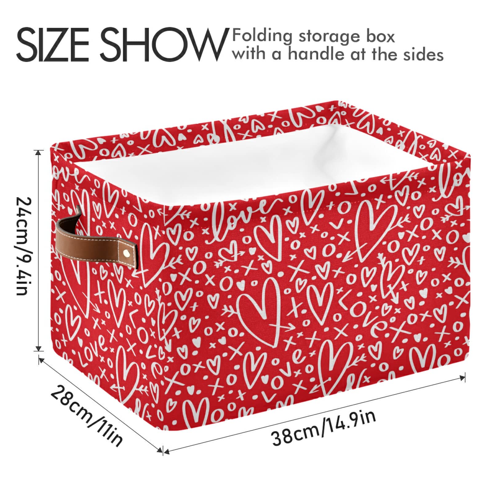 Red Hearts and Arrows Collapsible Canvas Storage Basket - Large Cube Organizer Bin for Home, Office, Closet (15