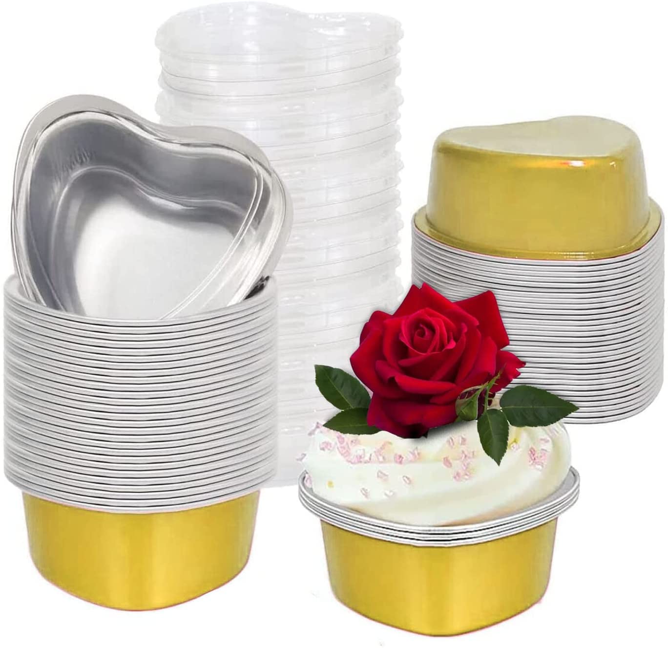 Disposable Mini Heart Shaped Foil Pans with Lids - 50 Pack Gold Baking Cups for Cupcakes, Flan & Cakes | Perfect for Valentine's Day, Weddings, Mother's Day, Easter & Birthday Party Desserts