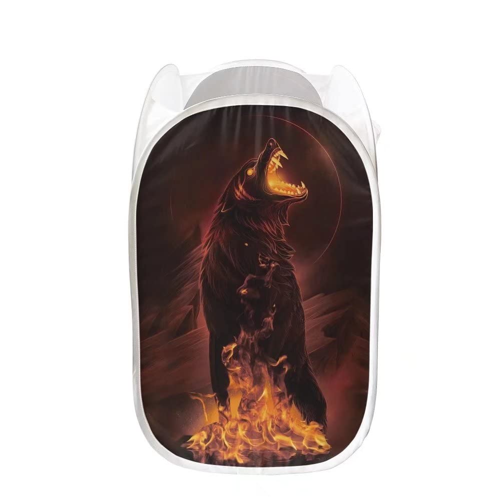 Black Wolf On The Fire Mesh Pop-Up Laundry Hamper - Portable with Durable Handles, Collapsible for Storage - Foldable Clothes Basket for Kids Room, College Dorm, Travel & Camping - Perfect for Laundry Organization in Small Spaces